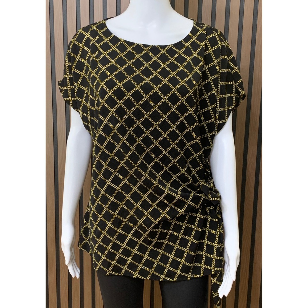 Michael Michael Kors Black Gold Chain Link Print Side Tie Blouse XL Top